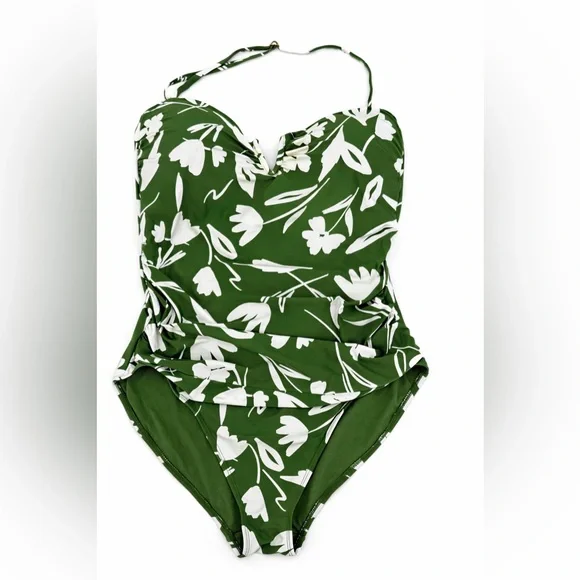 Anne Cole Green Floral Halter One-Piece Swimsuit Ruched Summer Swimwear Size 16 - Picture 2 of 15